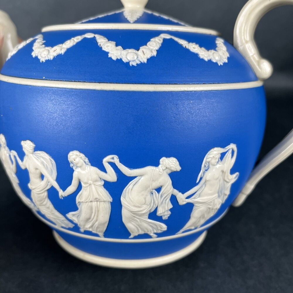 Rare Antique Copeland Spode Blue Jasperware Teapot "Dancing Hours" Neoclassical - Picture 7 of 16